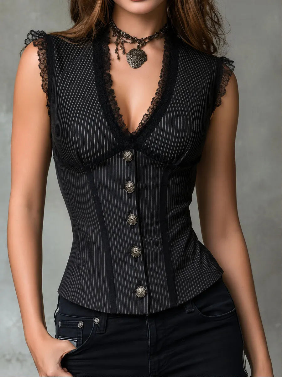 Retro Elegant Black Pinstripe Lace Trim Corset Vest