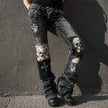 Rock Style Skulls & Cross Studded Patchwork Bootcut Jeans