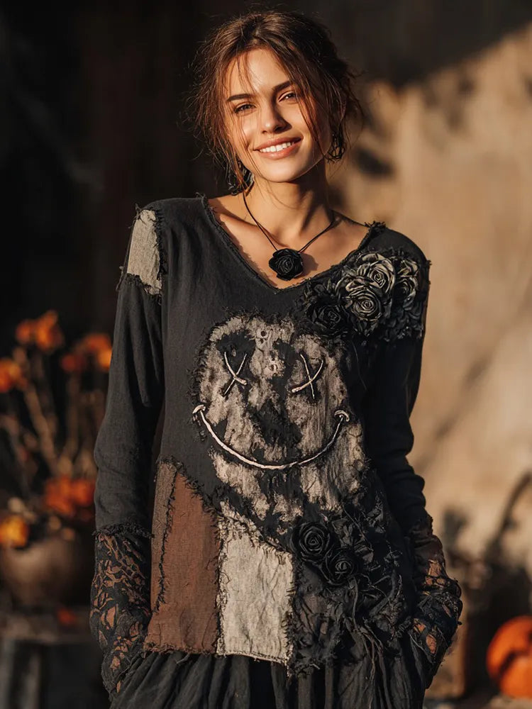Women's Halloween Smiley Face And Rose Pattern V-neck T-shirt