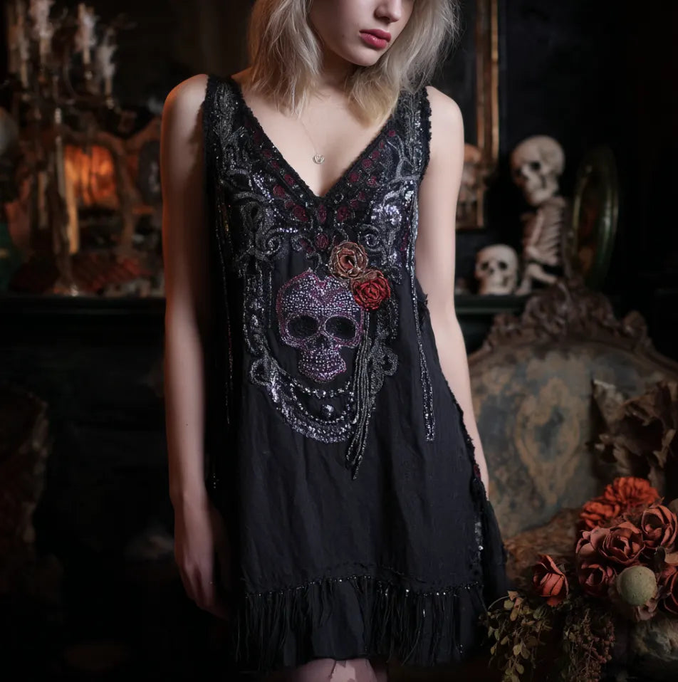 Halloween Skeleton Element V-neck Short Sleeve Dress