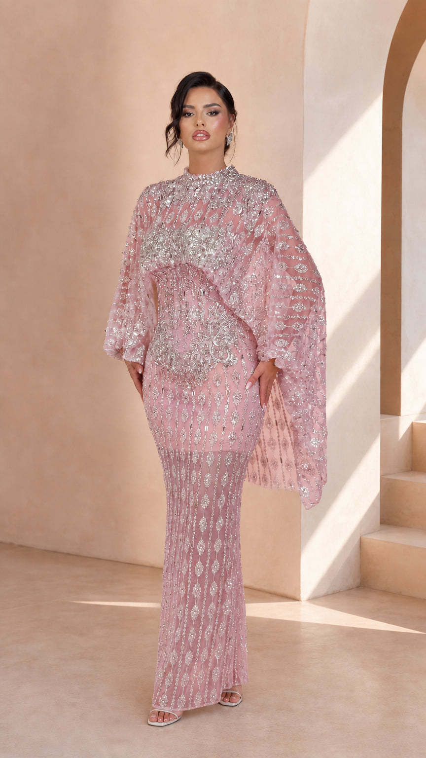 Embellished Cape Sleeve High Neck Formal Evening Maxi Dress