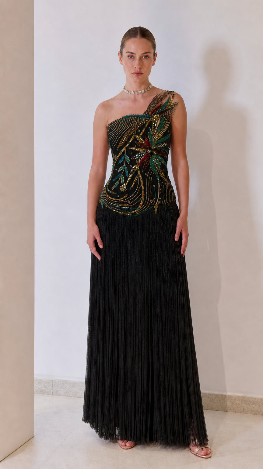 One-Shoulder Beaded Corset Fringe Maxi Evening Gown