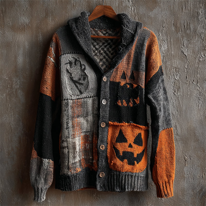 Halloween Pumpkin Face Plaid Colorblock Patchwork Cozy Knit Hooded Cardigan
