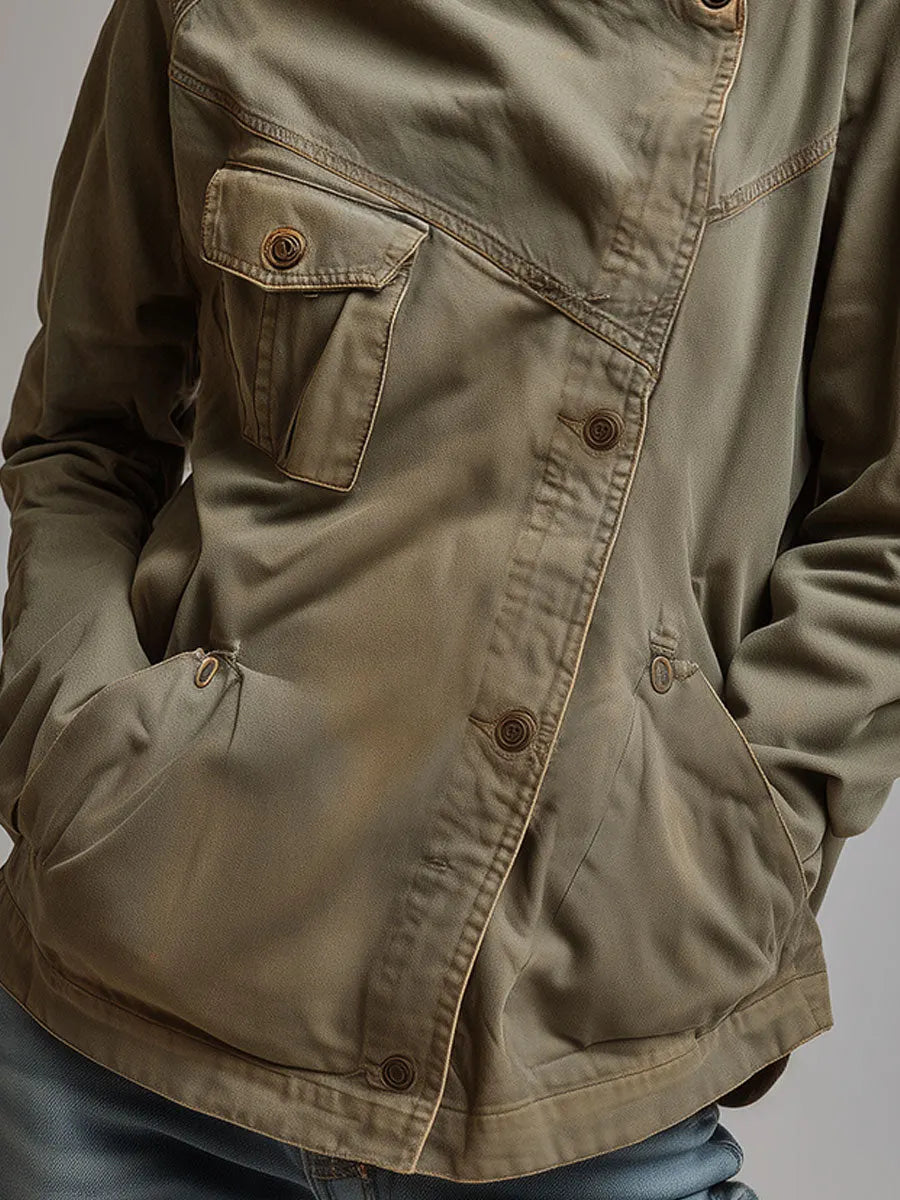 Retro Stand Collar Slanted Placket Pocket Jacket