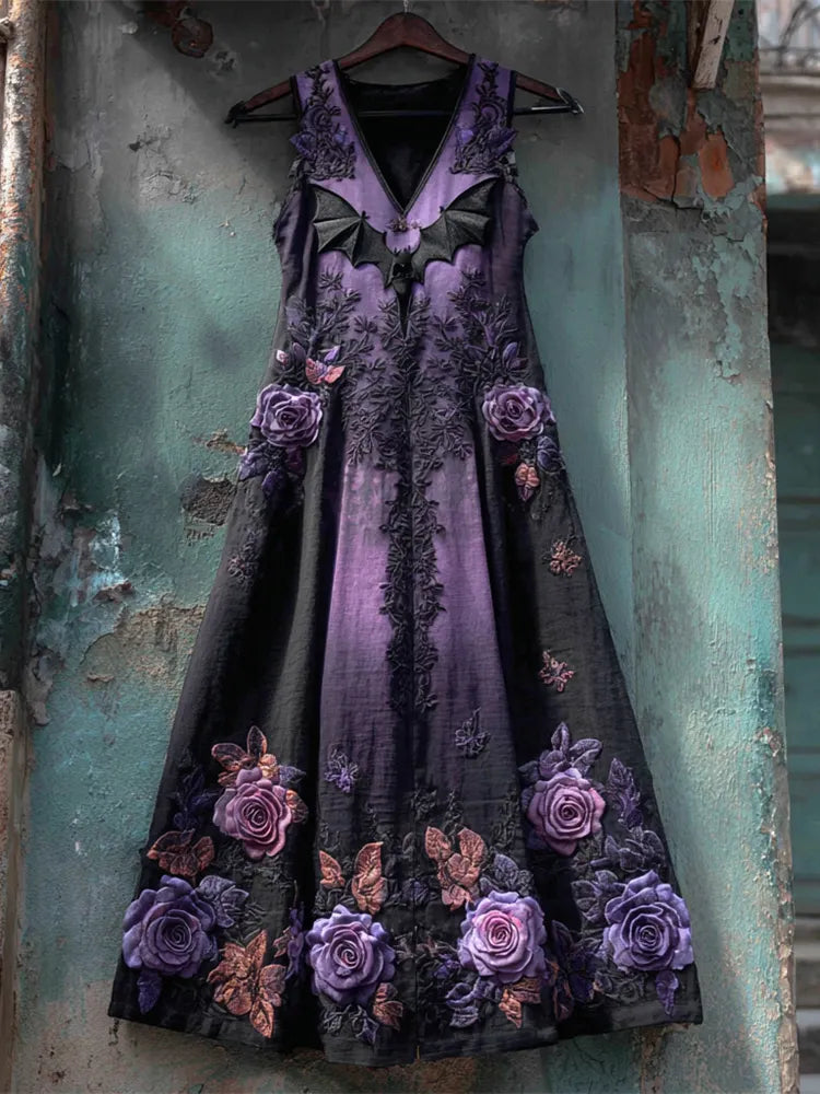 Halloween Bat & Dark Rose Gothic Women's Vest Midi Dress