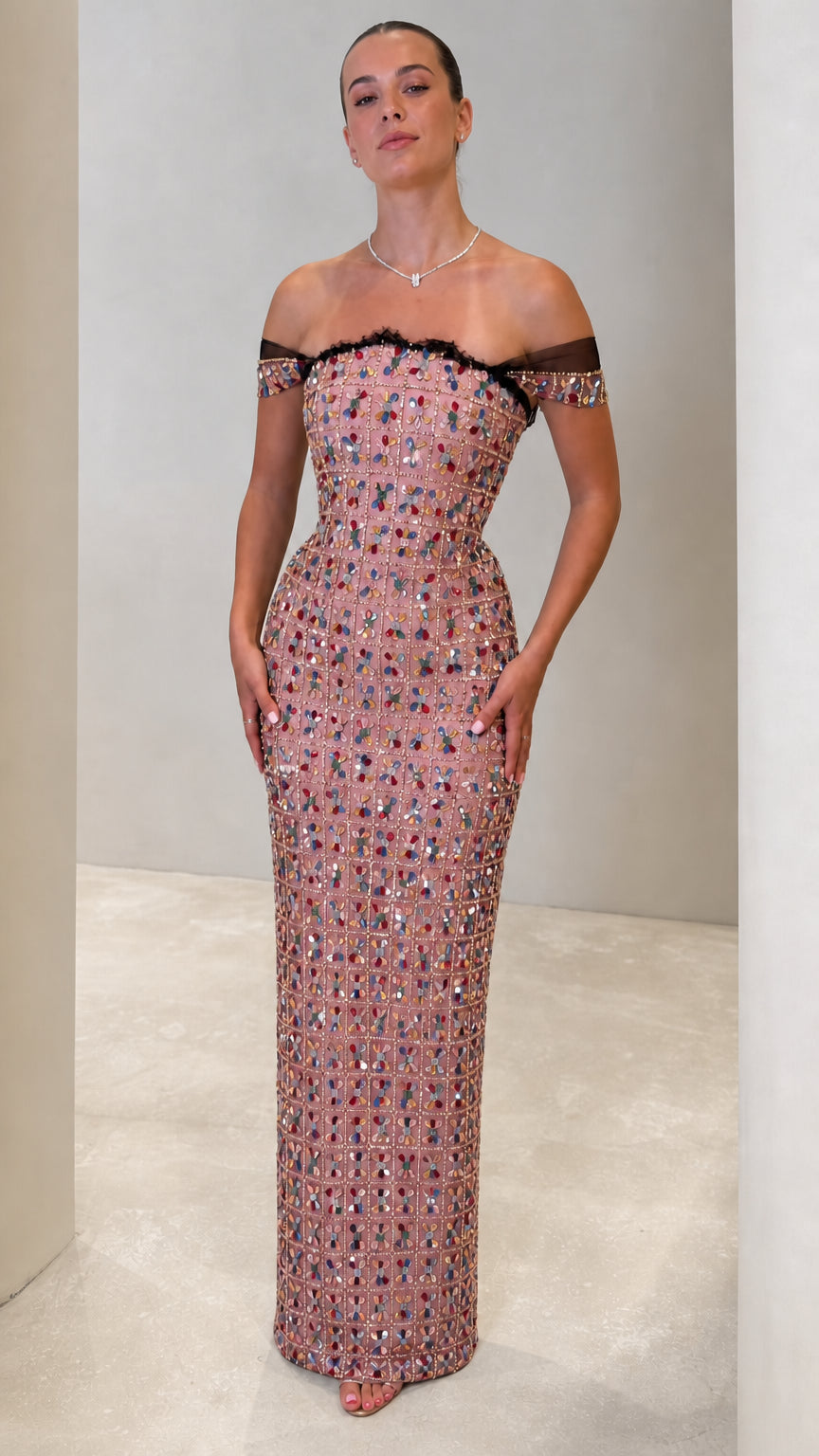 Off-the-Shoulder Jeweled Column Maxi Gown with Sheer Illusion Trim