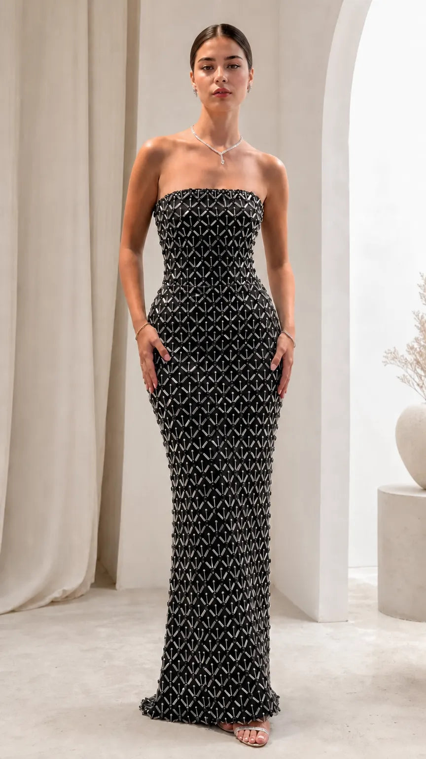 Strapless Beaded Column Maxi Evening Gown