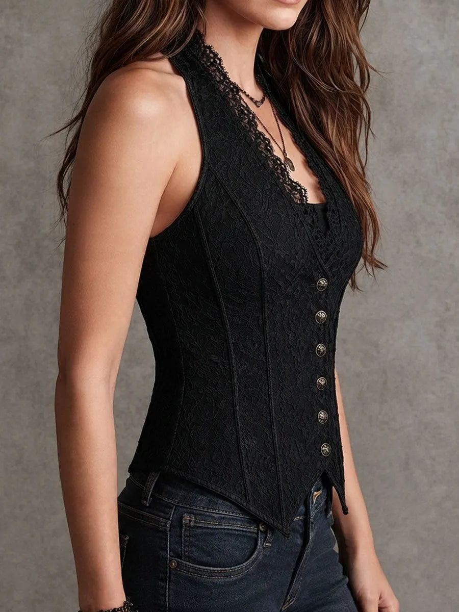 Retro Elegant Black Lace Button-Front Halter Corset Vest