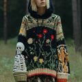 Women's Halloween Skull Floral Pattern Cozy Knit Hooded Sweater