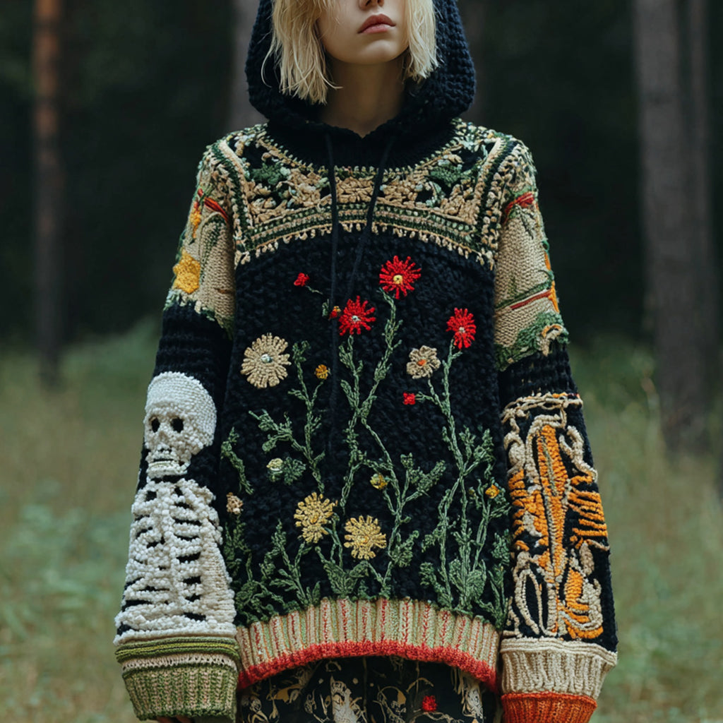 Women's Halloween Skull Floral Pattern Cozy Knit Hooded Sweater
