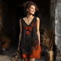 Women's Halloween Spider Web And Rose Embroidery V-neck Dress
