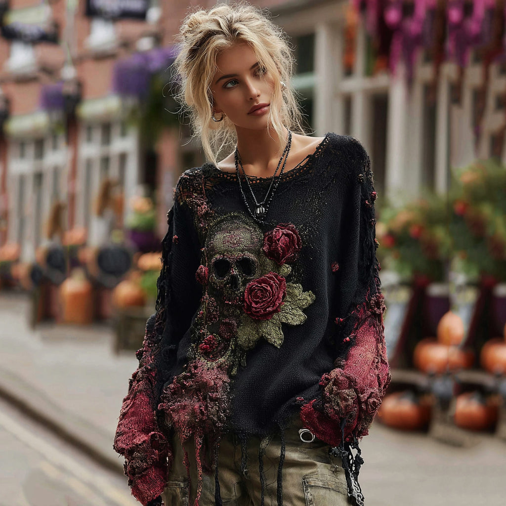 Rose Skull Embroidered Sequined Chunky-knit Sweater