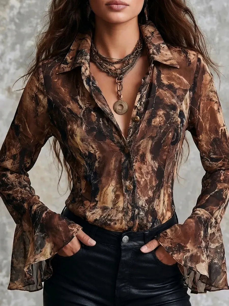 Boho Earth Tone Abstract Pattern Chiffon Blouse With Flared Sleeve