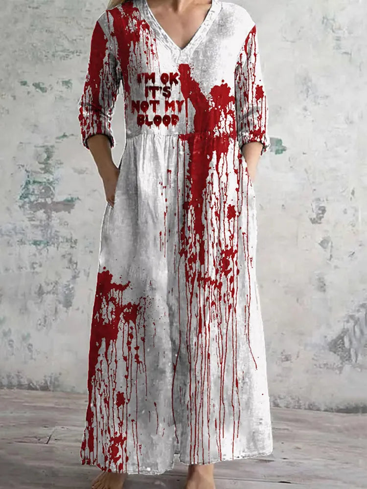Women's  Blood Stains Print Cotton Graphic V-neck Dress