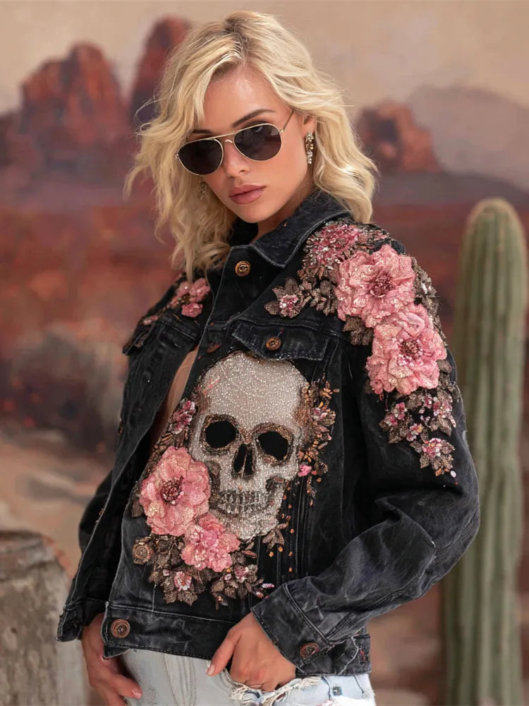 Vintage Boho Skull Floral Embroidered Art Women's Denim Jacket