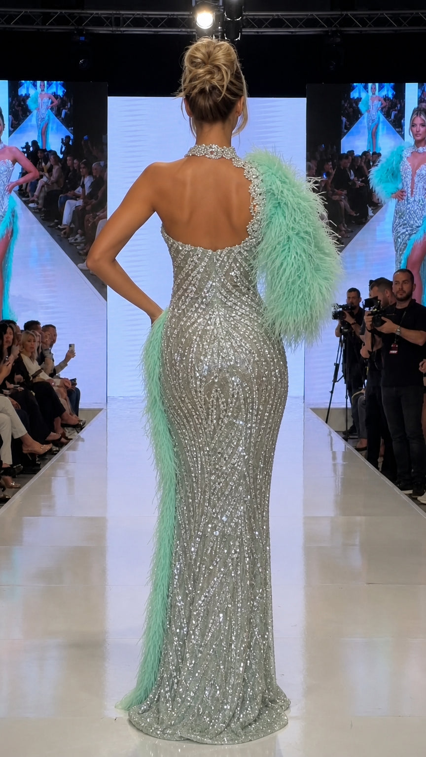 One-Shoulder Feather Trim Sequin Evening Gown with Slit