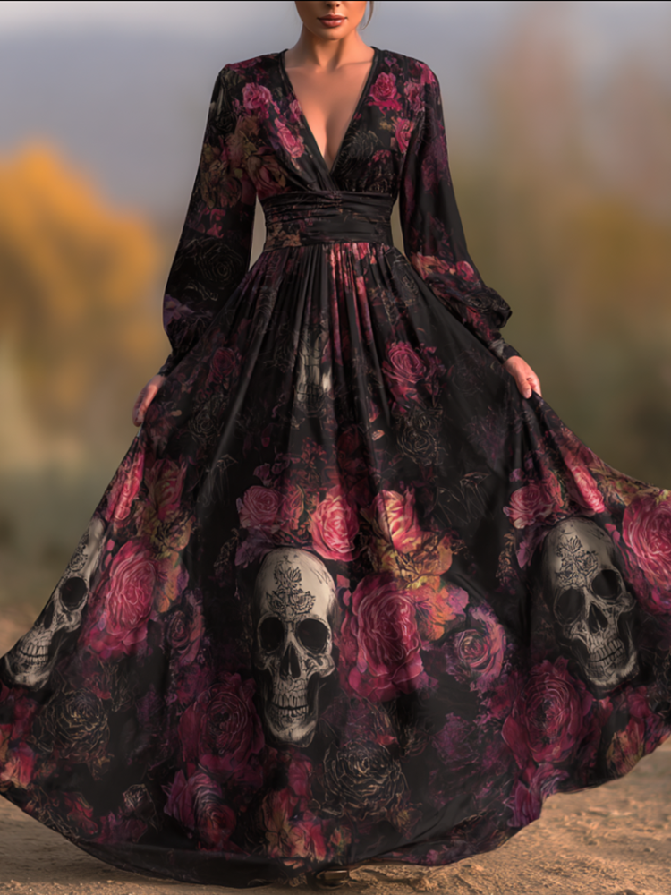 Halloween Theme Rose And Skull Pattern Women's V-neck Long Dress