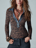 Edgy Brown Zebra Print Denim Trim Long Sleeve Top