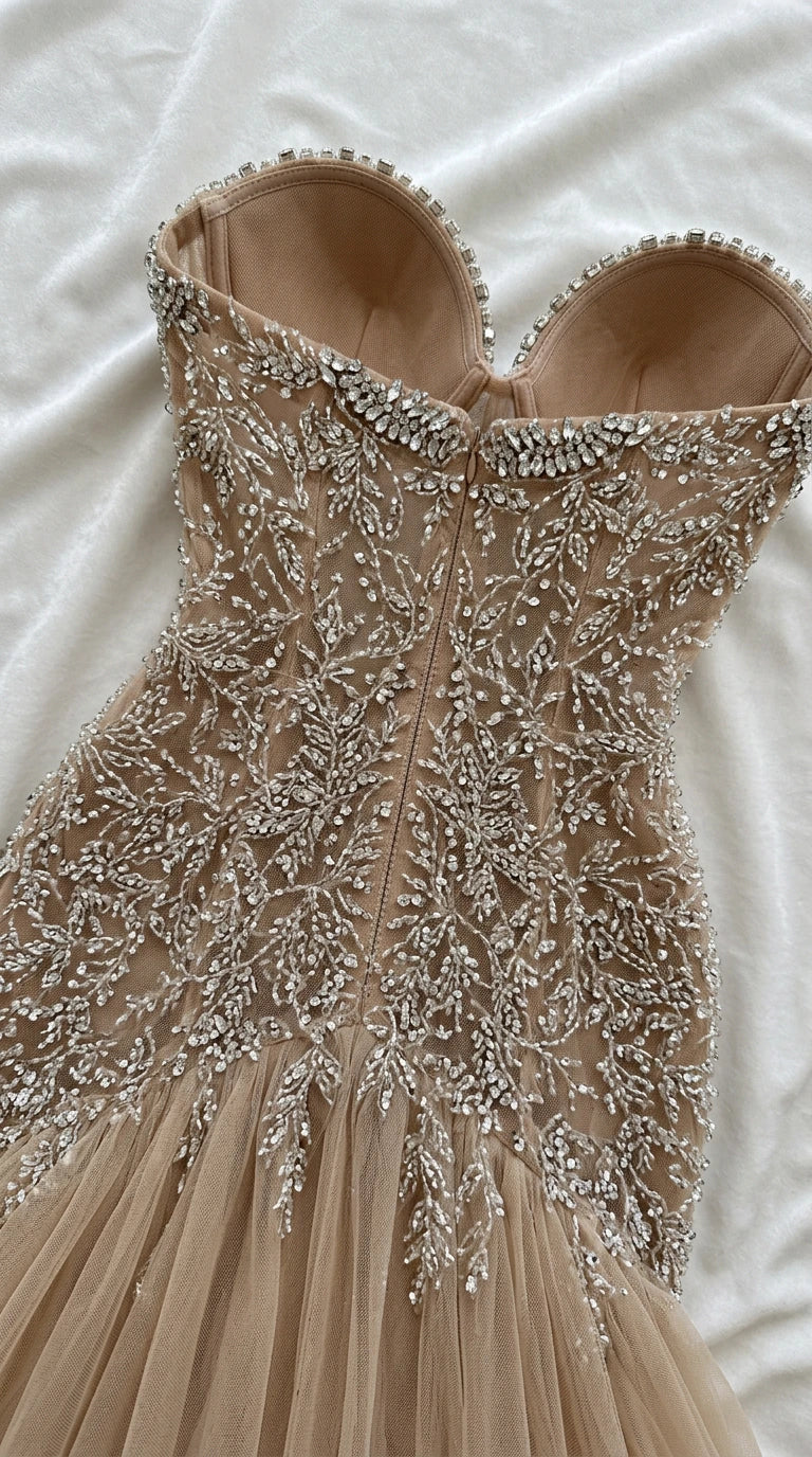 Strapless Beaded Sweetheart Mermaid Evening Gown with Dramatic Train