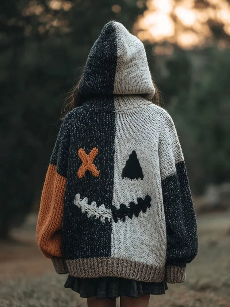 Vintage Halloween Spooky Face Contrast Color Knitted Hooded Cardigan