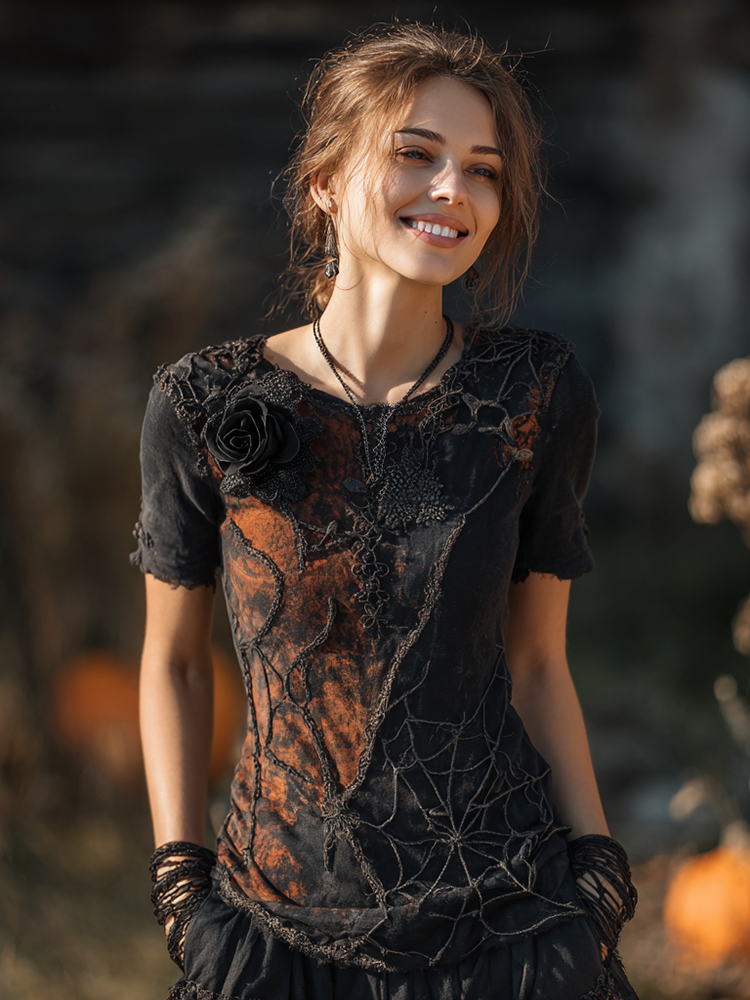 Women's Halloween Spider Web And Rose Embroidered Crew Neck T-shirt