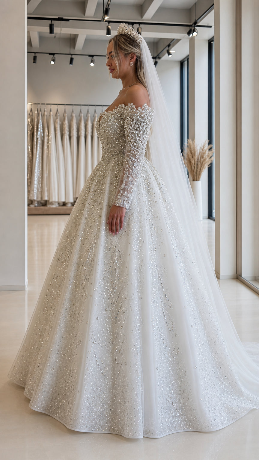 Off-the-Shoulder Long Sleeve Beaded Sequin Ball Gown Wedding Dress