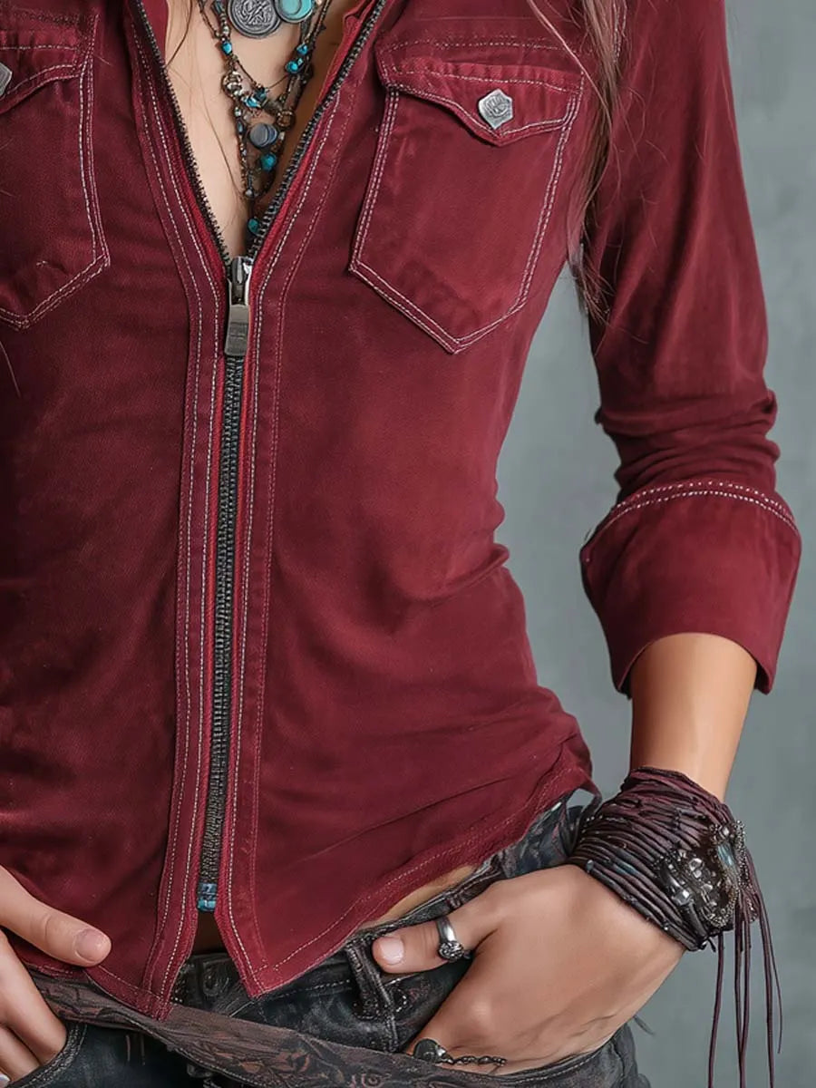 Vintage Zip-up Collar Flap Pocket Distressed Denim Shirt