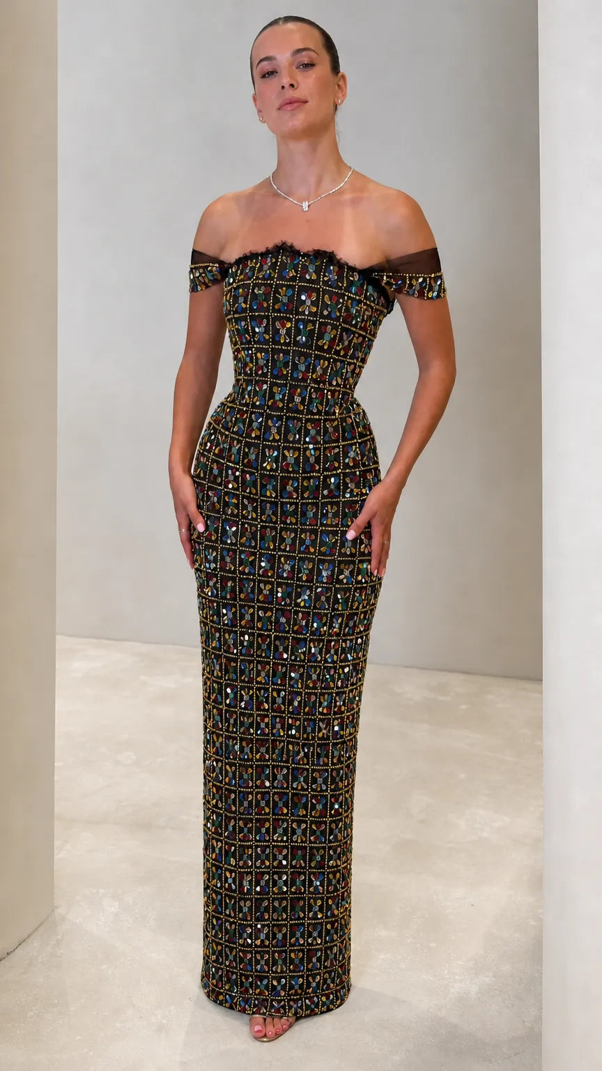 Off-the-Shoulder Jeweled Column Maxi Gown with Sheer Illusion Trim