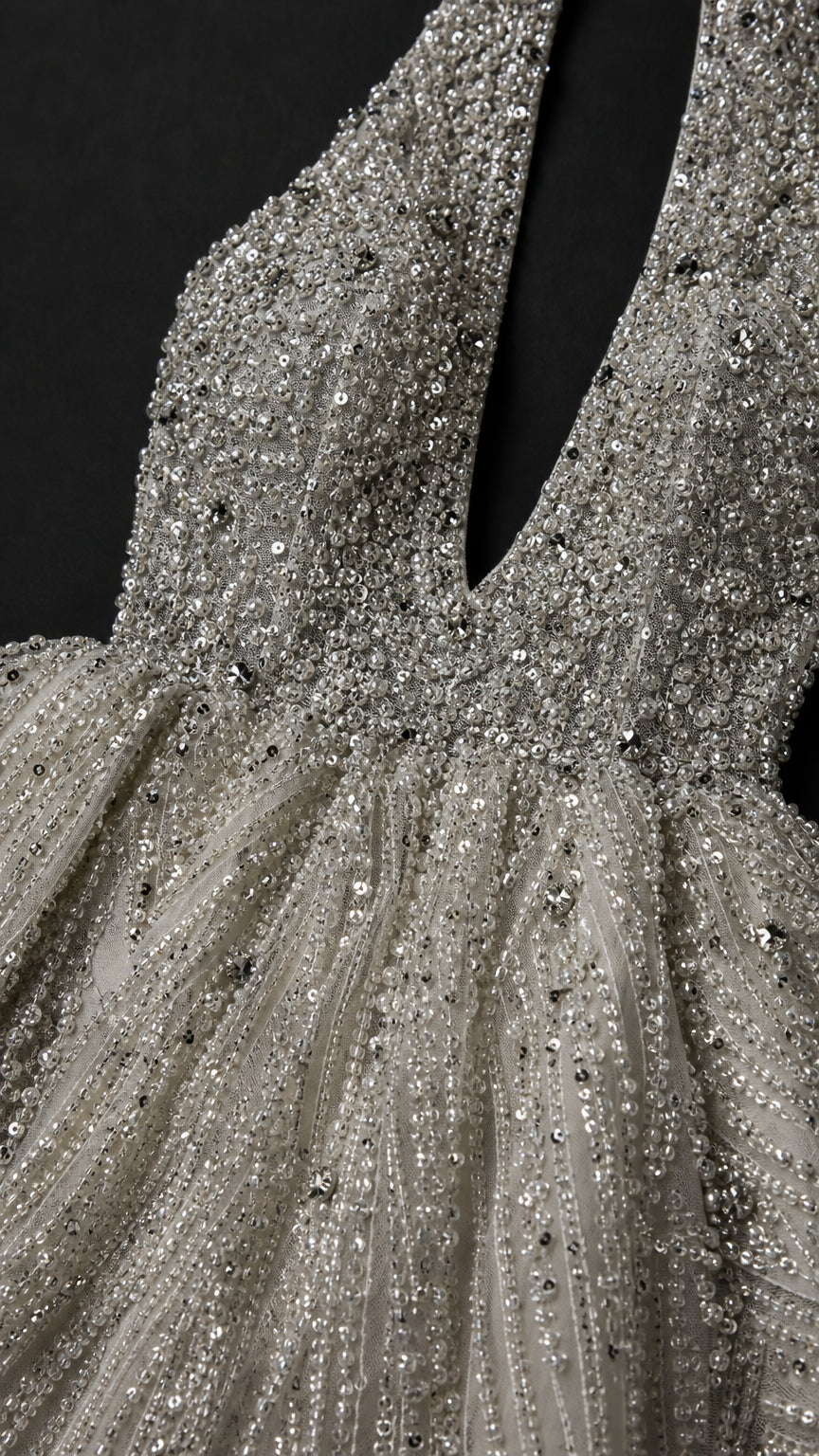 Deep Plunge Halter Sequin Embellished Flare Mini Party Dress
