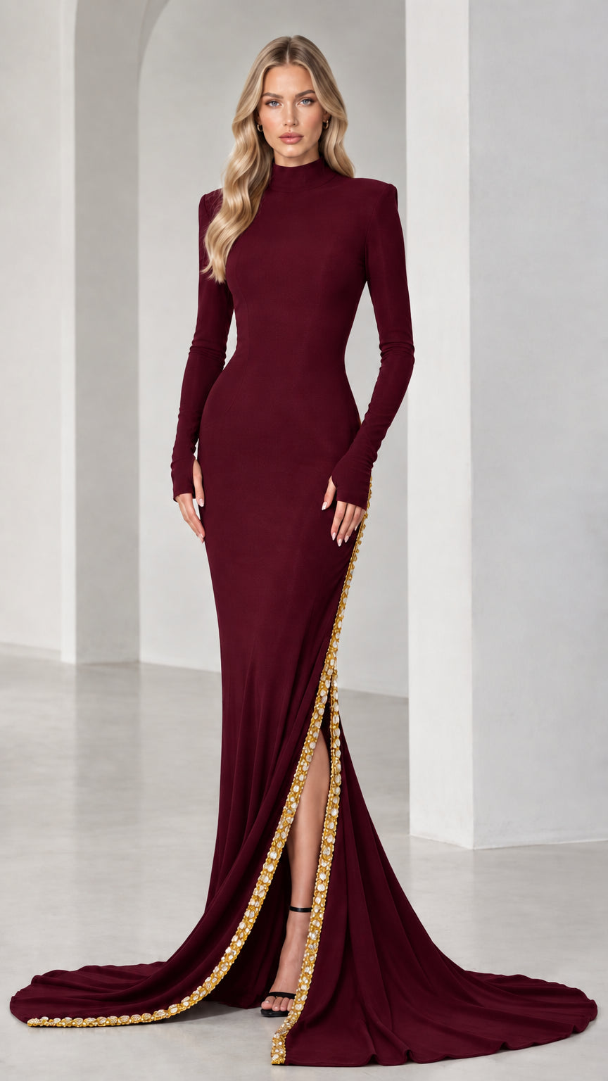 High Neck Long Sleeve Embellished Slit Evening Gown with Train