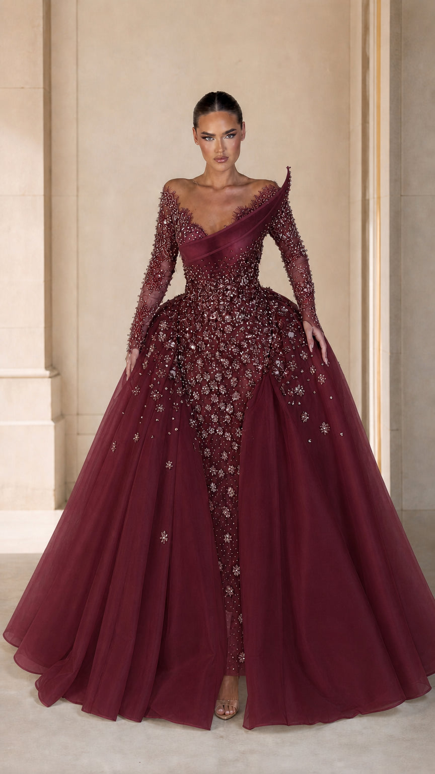 Asymmetrical Embellished Long Sleeve Evening Gown with Detachable Overskirt