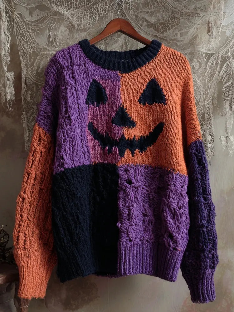 Halloween Pumpkin Face Colorblock Patchwork Knitted Sweater