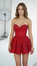 Strapless Beaded Corset Mini Dress with Flared Skirt