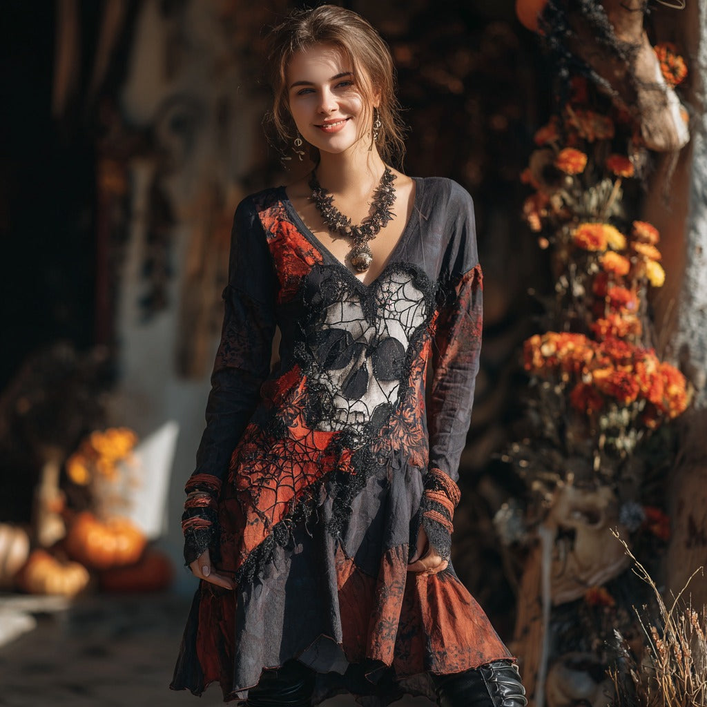 Women's Halloween Skull And Spider Web Pattern V-neck Long Sleeve Dress