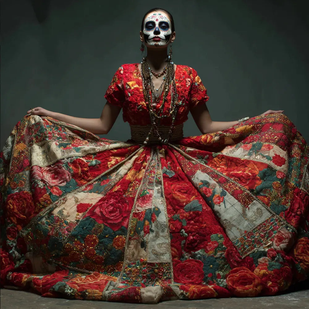 Mexican Day Of The Dead Floral Embroidery Sequin Short-sleeved Patchwork Dress