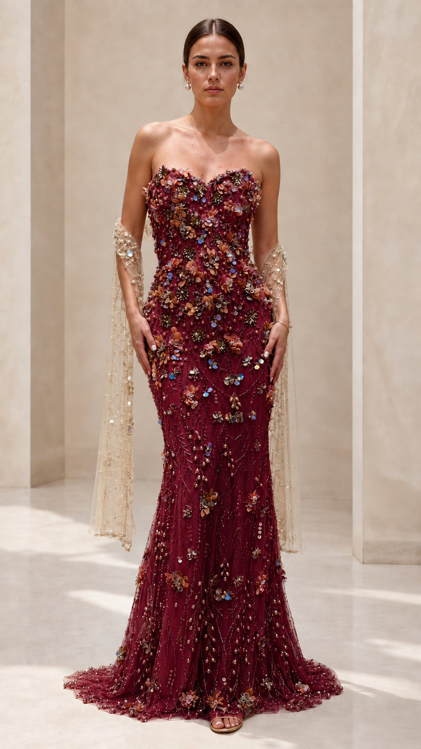 Strapless 3D Floral Embellished Mermaid Evening Gown with Draped Cape Sleeves