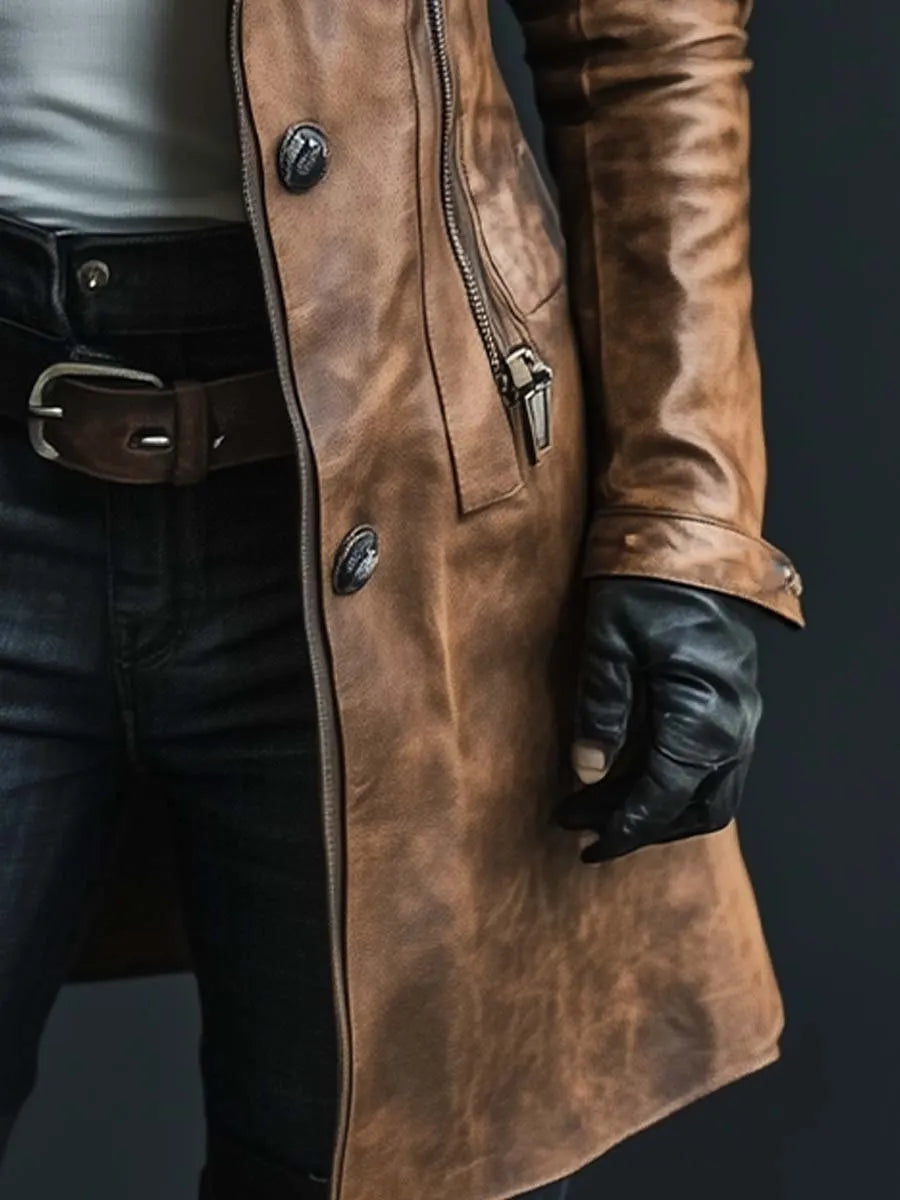 Women's Vintage Fur Collar Zipper Faux Leather Coat