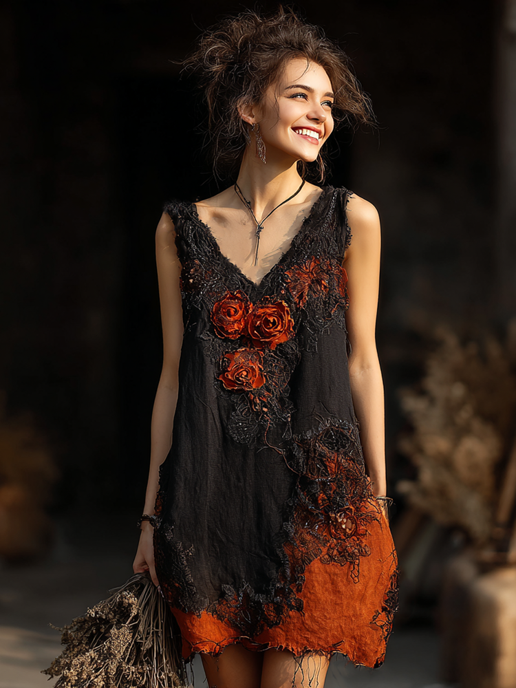 Women's Halloween Spider Web And Rose Embroidery V-neck Dress