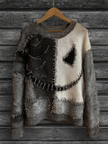 Halloween Spooky Face Colorblock Stitched Cozy Knit Sweater