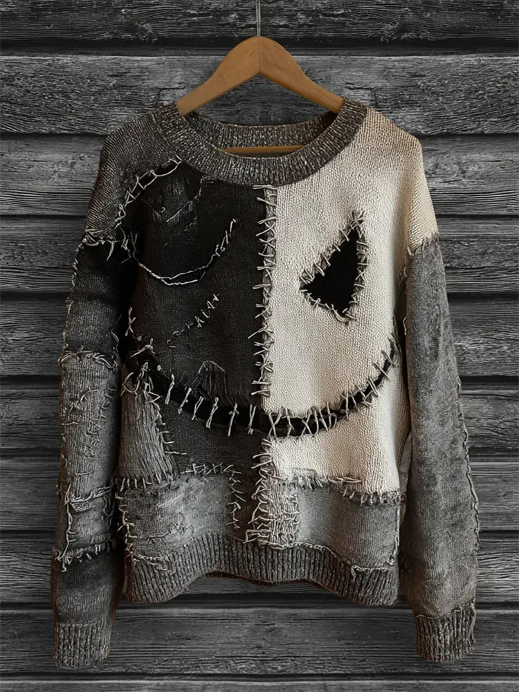 Halloween Spooky Face Colorblock Stitched Cozy Knit Sweater