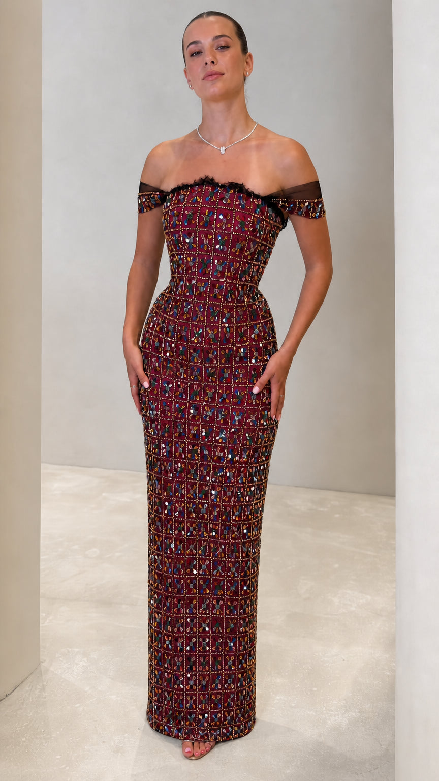 Off-the-Shoulder Jeweled Column Maxi Gown with Sheer Illusion Trim
