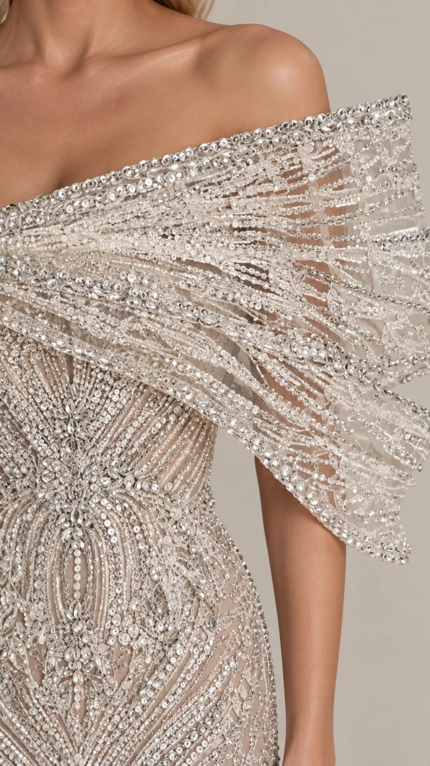 Off-The-Shoulder Beaded Mermaid Evening Gown with Sculpted Capelet Sleeves