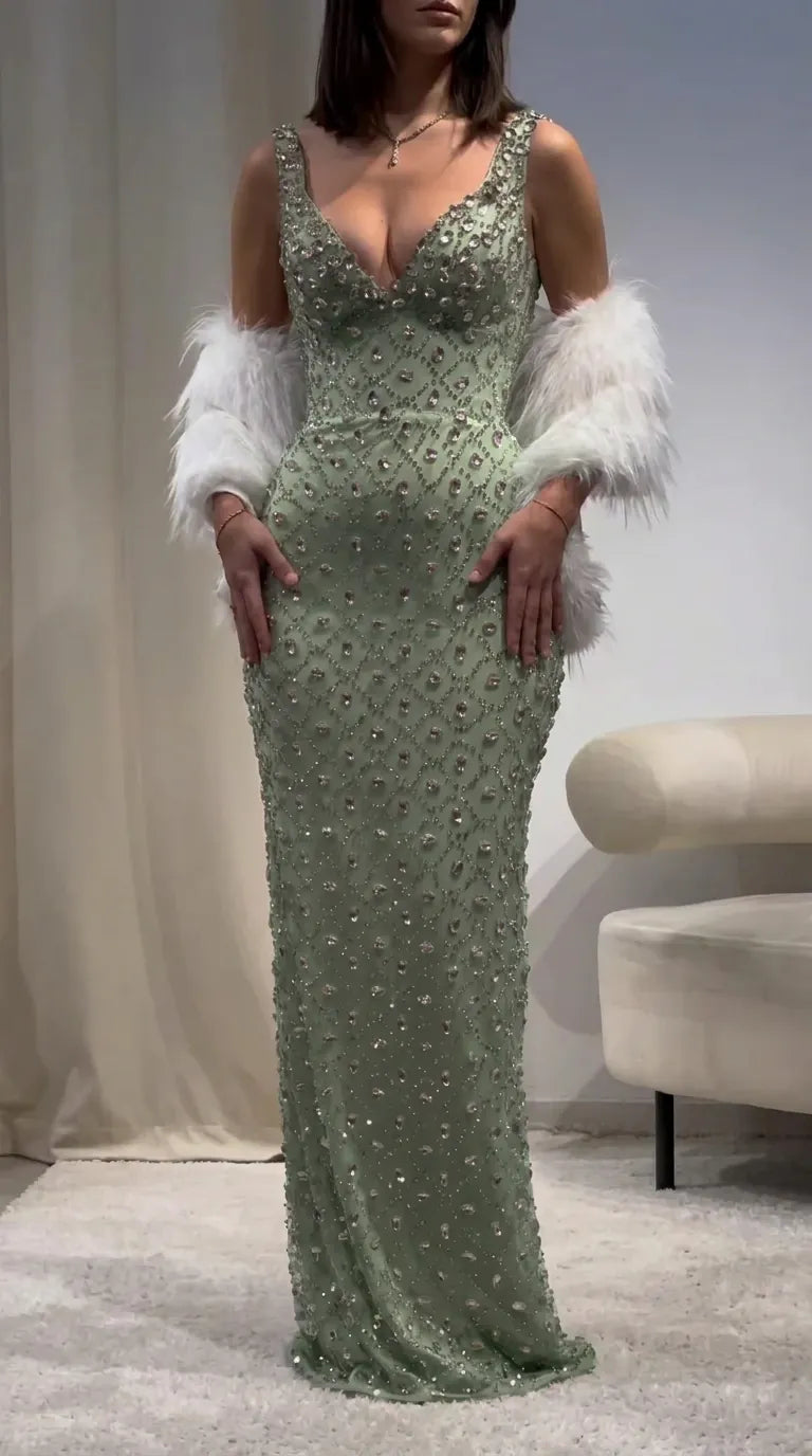 Sleeveless Deep V-Neck Rhinestone Embellished Evening Maxi Gown