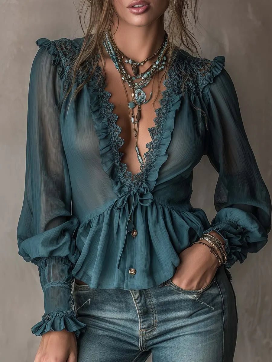 Retro Ruffled Lace Trim Chiffon Blouse