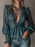 Retro Ruffled Lace Trim Chiffon Blouse