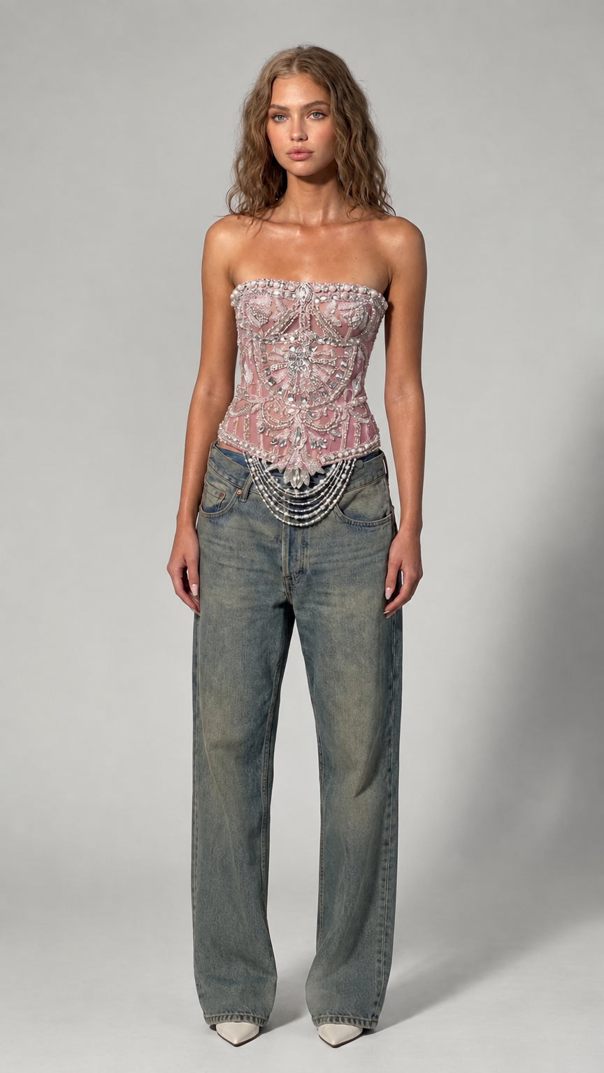Pearl & Rhinestone Embellished Strapless Corset Top with Beaded Fringe Hem
