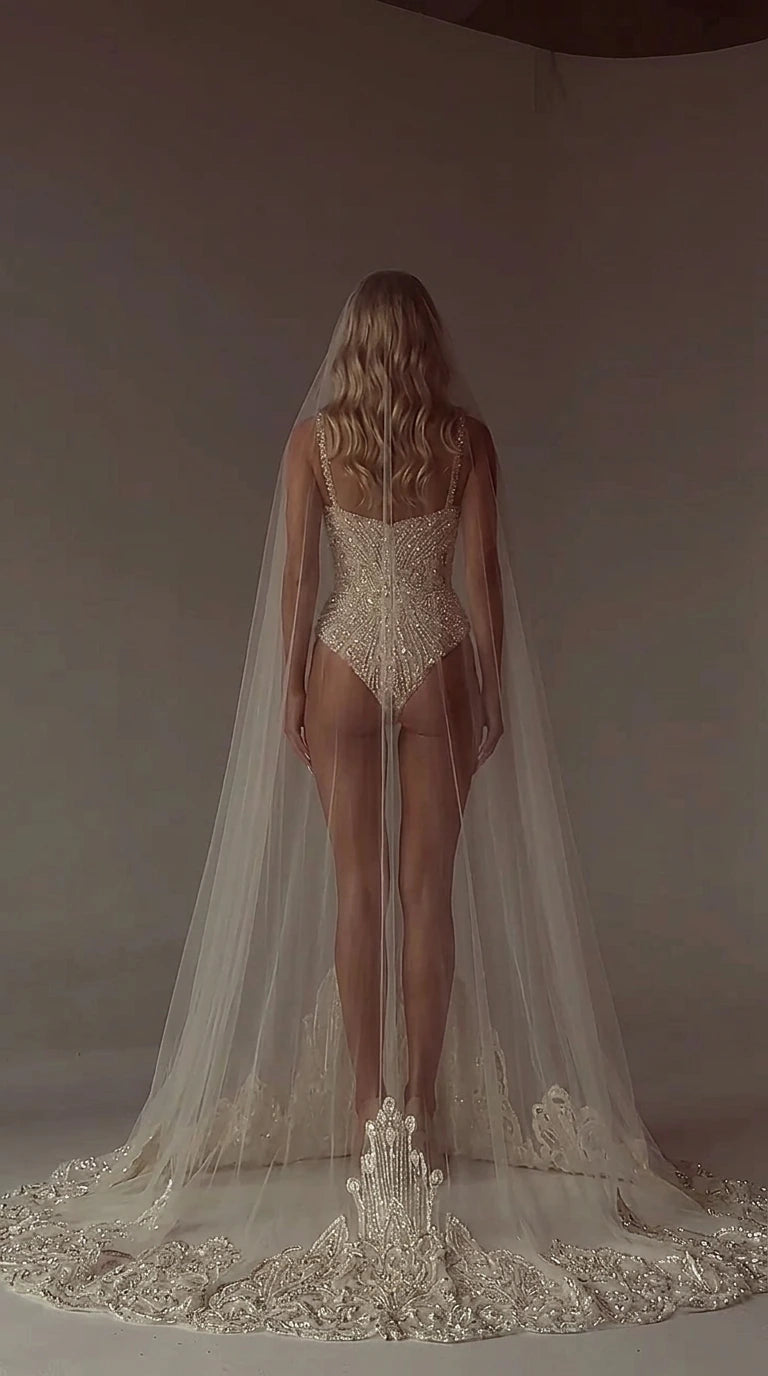 Embellished Corset Bodysuit with Embroidered Floor-Length Tulle Cape Set