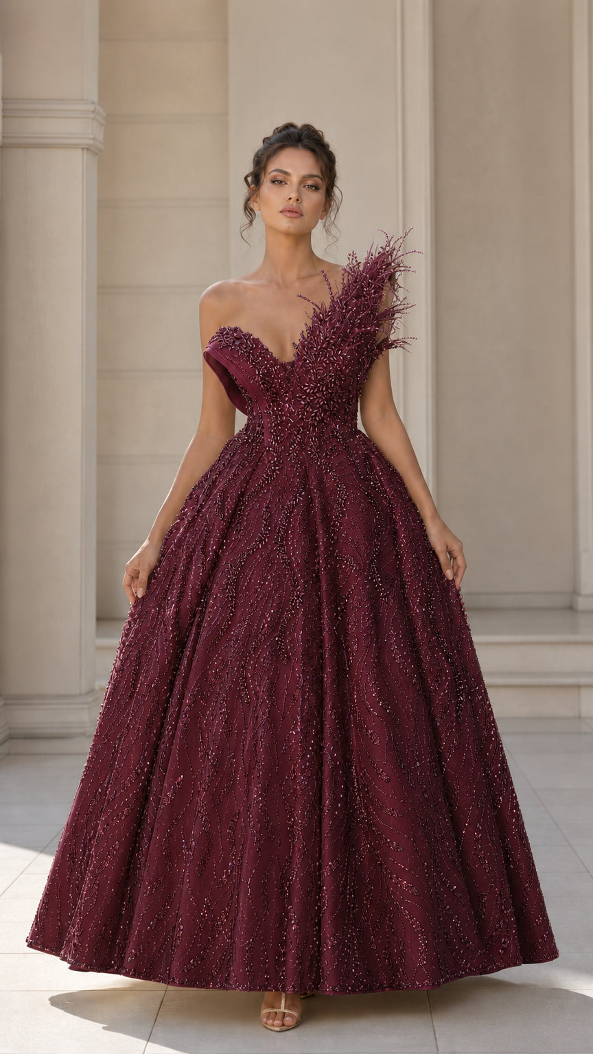 Asymmetrical Feather Accent Beaded Ball Gown
