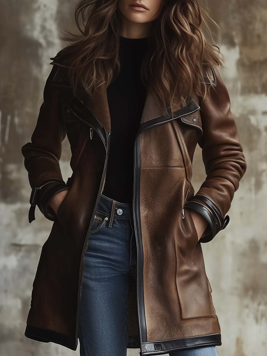 Women's Vintage Contrast Collar Faux Leather Jacket