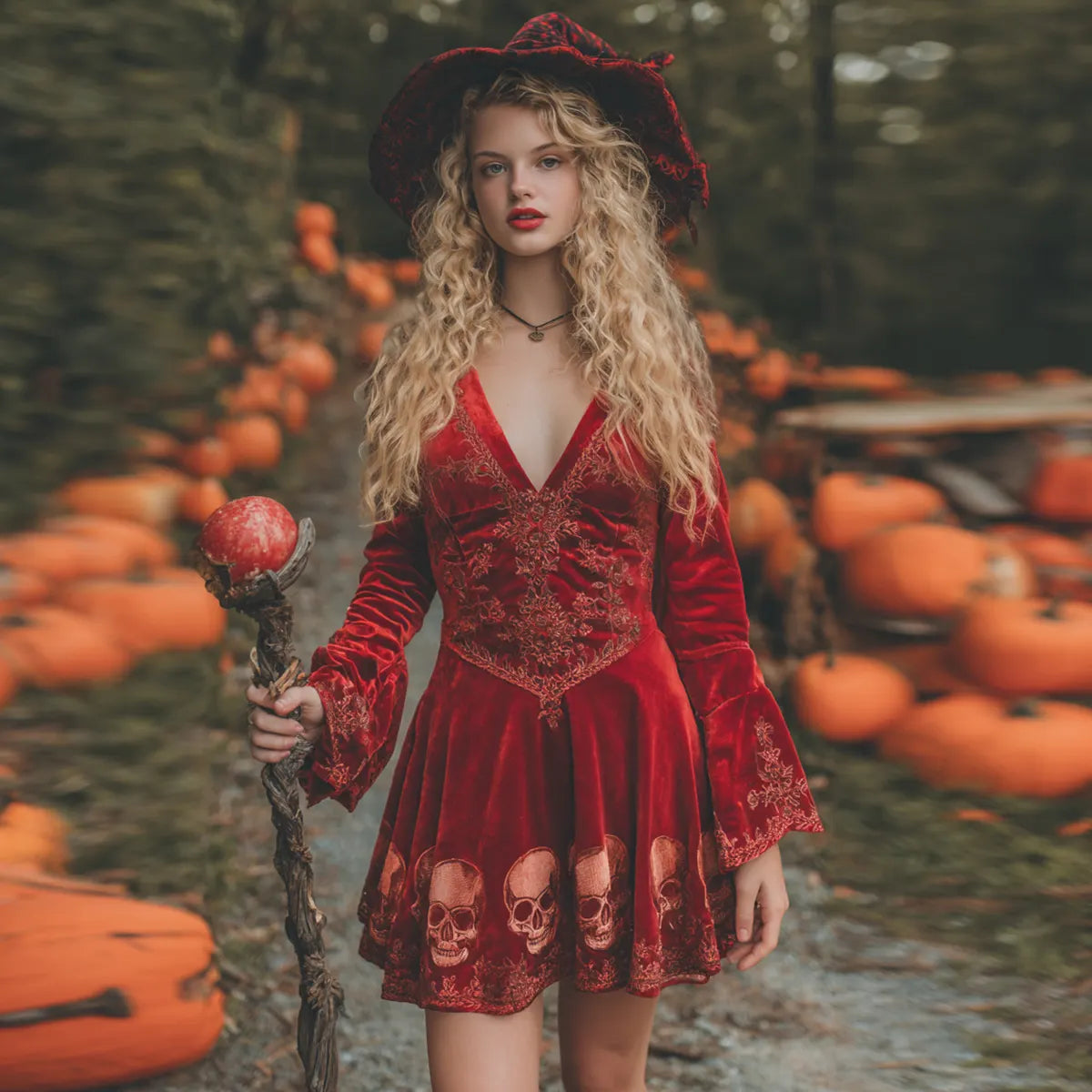 Women's Classic Velvet Halloween Skull Art Comfy Velvet Long Sleeve Mini Dress